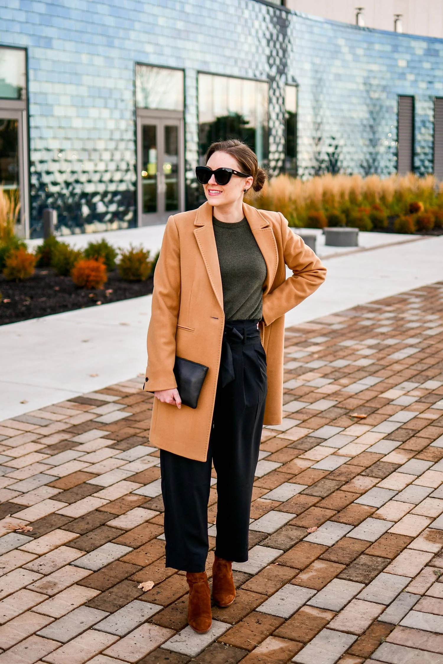 Olive Green Top, Camel Coat, and Wide-Leg Trousers Olive Green Top, Camel Coat, and Wide-Leg Trousers β Casual Winter Outfits