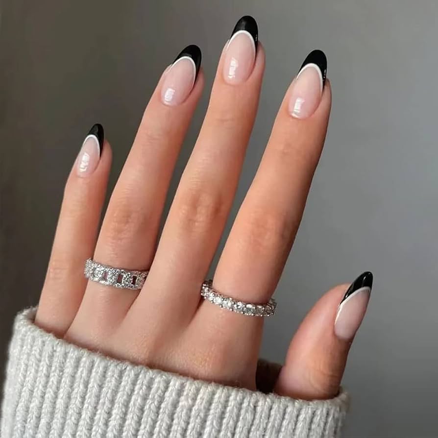 Black French Tip Almond Nails — Winter Round Nails