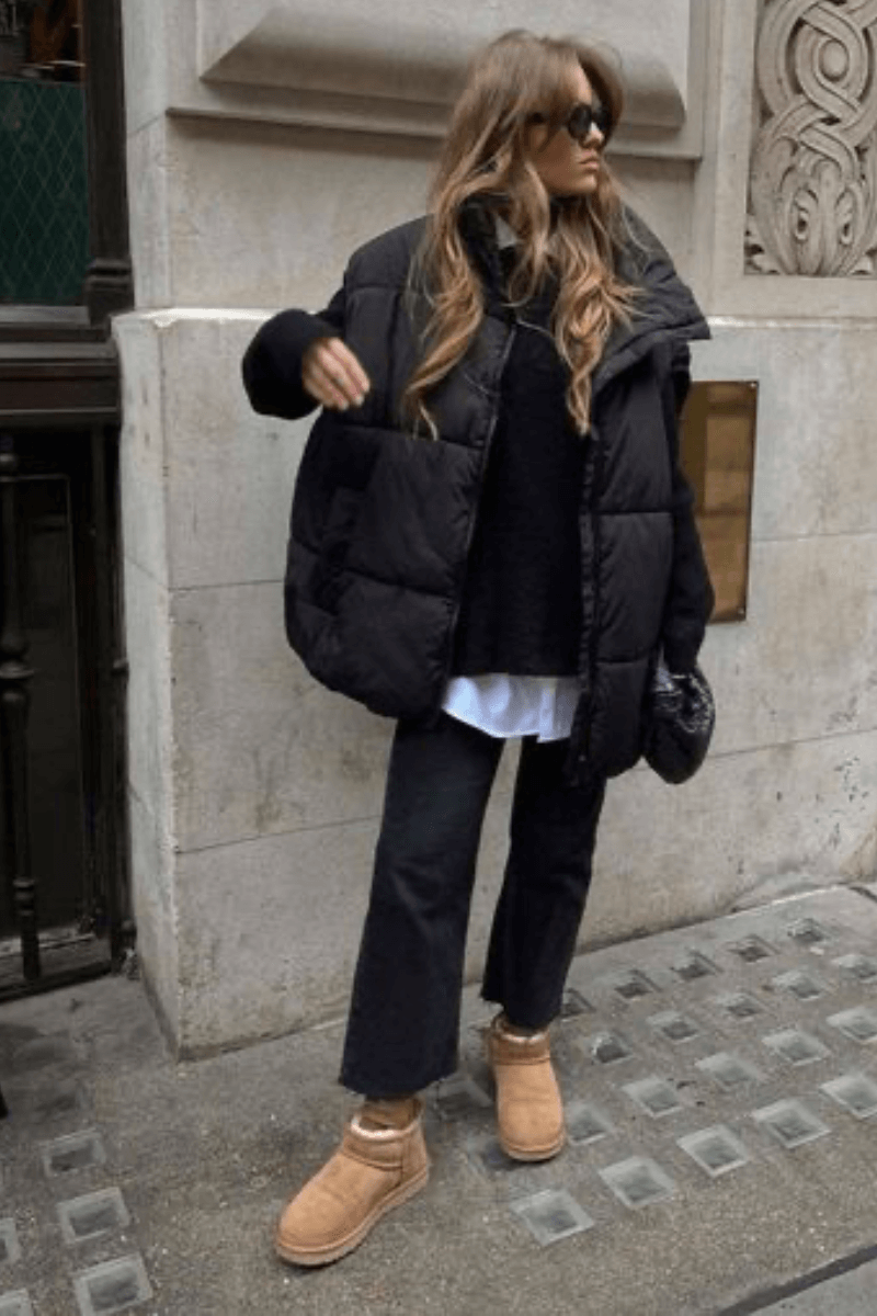 Oversized Puffer Vest Over Collared Shirt for Cozy Casual Wear Early Winter Outfits