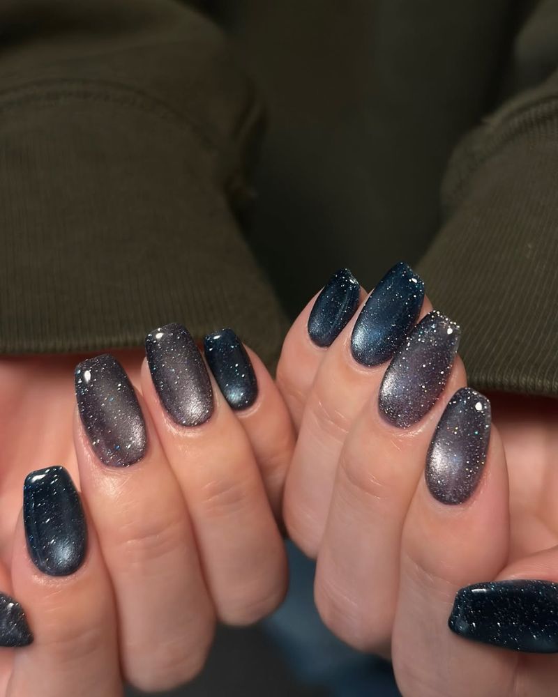 Dark Blue Galaxy Glitter Nails — Winter Round Nails