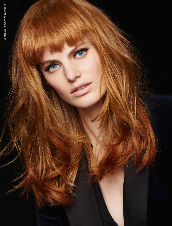 Mid-Back Copper Red With Blunt Bangs — Winter Haircuts for Thick Hair
