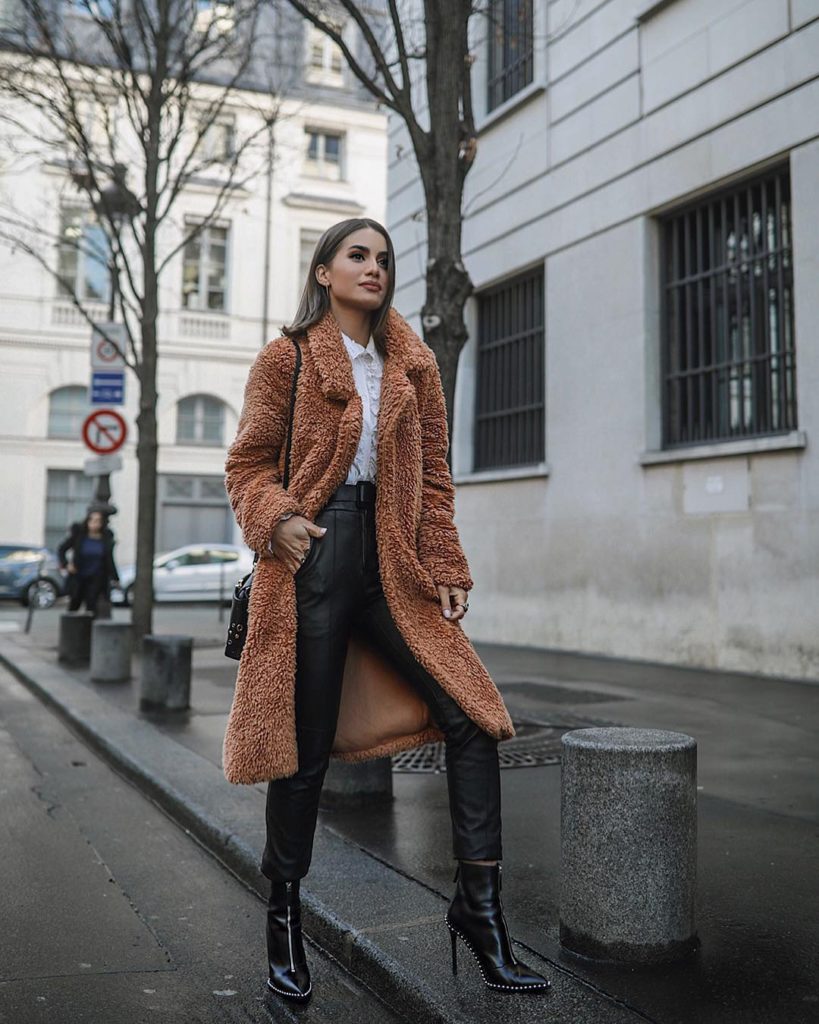 Longline Teddy Coat Over Crisp Shirt and Leather Trousers — Winter Outfits