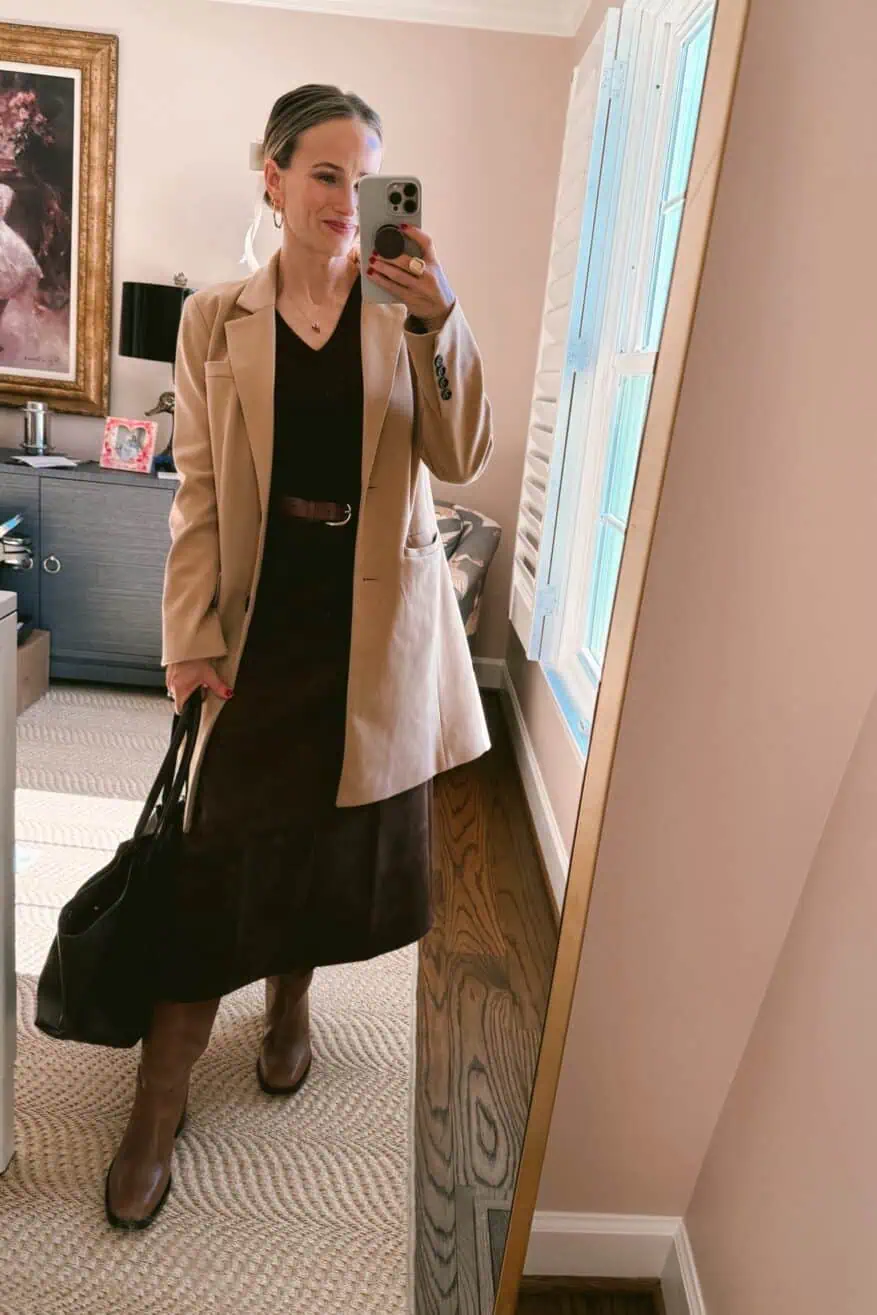 Beige Wool Coat Over a Black V-Neck Dress and Knee-High Boots Beige Wool Coat Over a Black V-Neck Dress and Knee-High Boots β Casual Winter Outfits