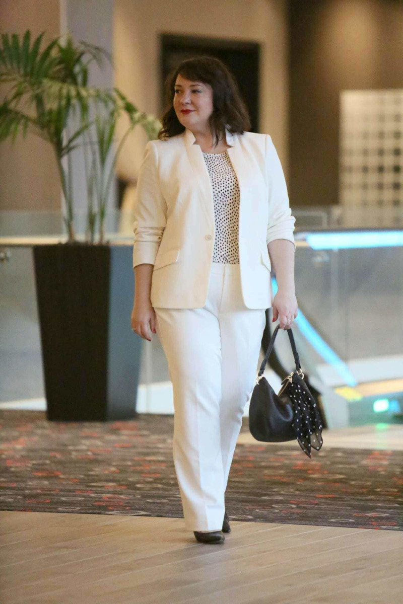 Cream Blazer and Polka Dot Top for Business Casual Polish — Winter Outfits for Curvy Women