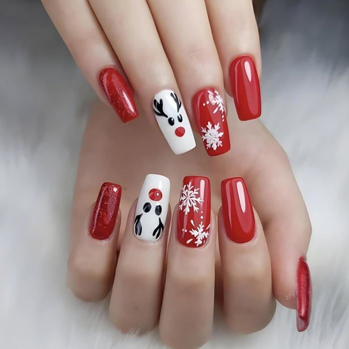 Festive Reindeer Face Coffin Nails Festive Reindeer Face Coffin Nails β Winter Coffin Nails