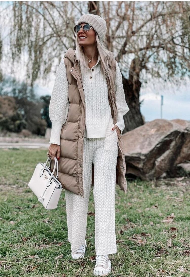 Beige Longline Puffer Vest with Knit Set — Winter Puffer Jacket Outfits