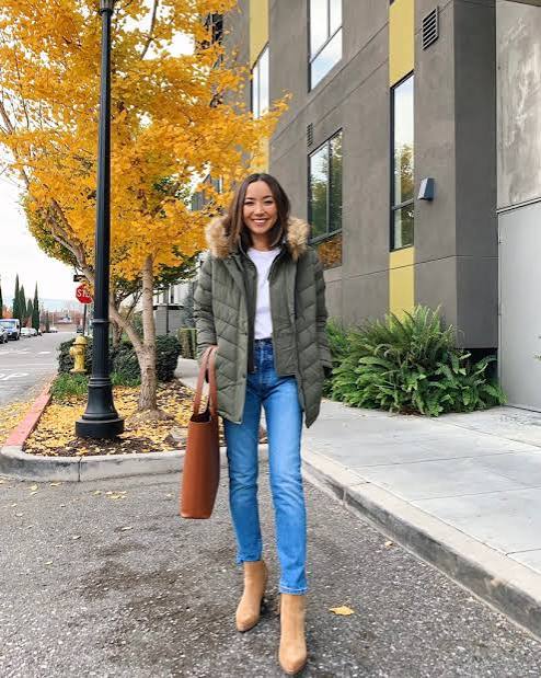 Fitted Olive Green Puffer with Straight-Leg Jeans — Winter Puffer Jacket Outfits