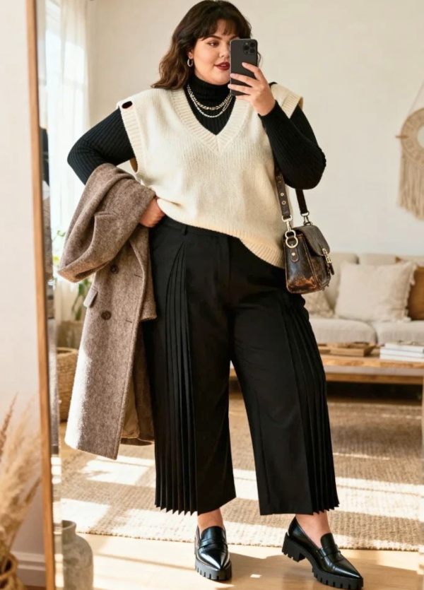 Sweater Vest Over Turtleneck with Pleated Trousers Sweater Vest Over Turtleneck with Pleated Trousers β Comfy Winter Outfits