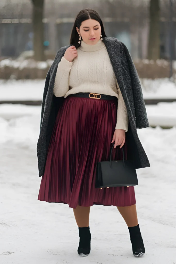 Cream Turtleneck and Burgundy Skirt with a Draped Grey Coat Cream Turtleneck and Burgundy Skirt with a Draped Grey Coat β Winter Work Outfits