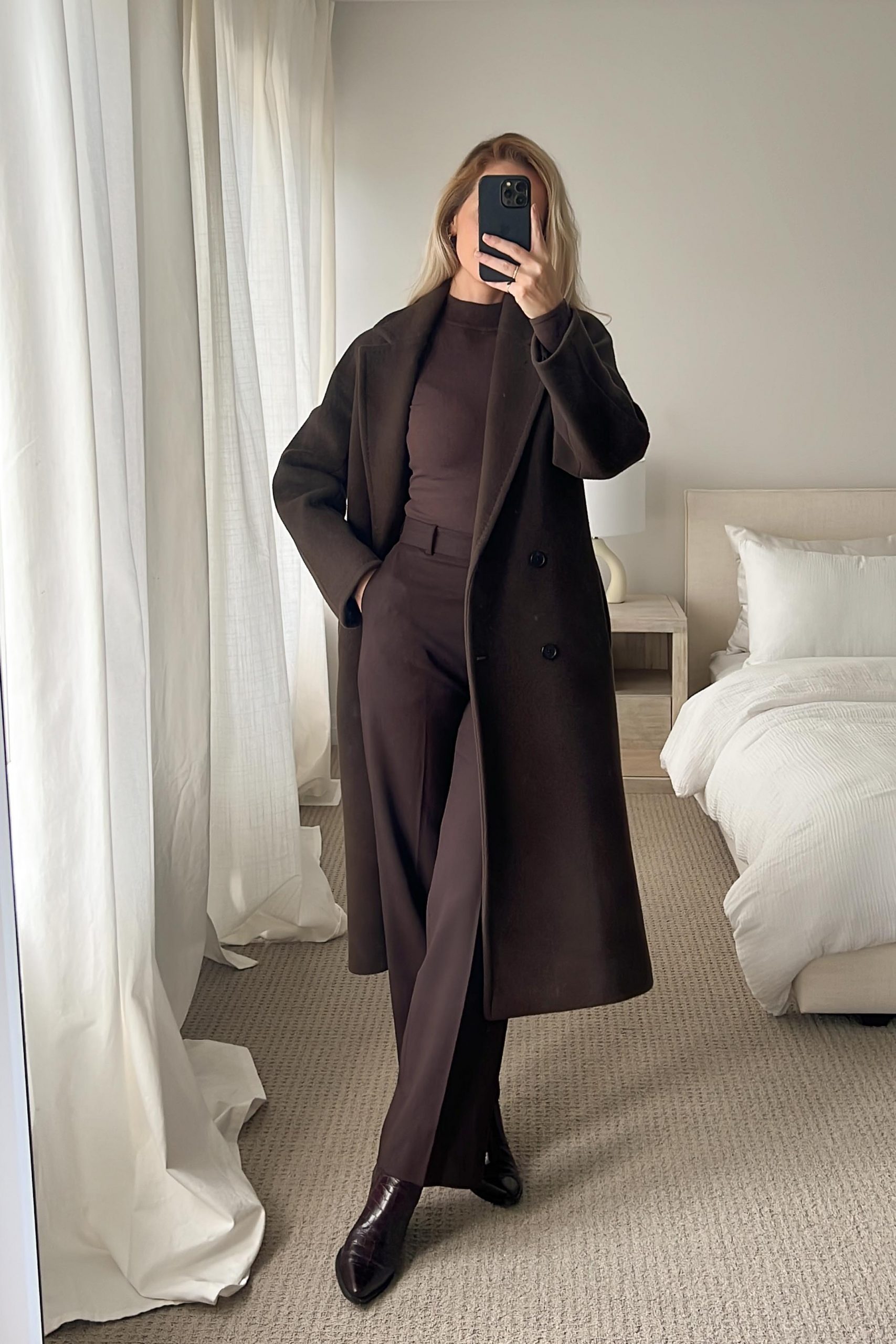 Monochromatic Dark Brown Wool-Blend Ensemble Monochromatic Dark Brown Wool-Blend Ensemble β Comfy Winter Outfits