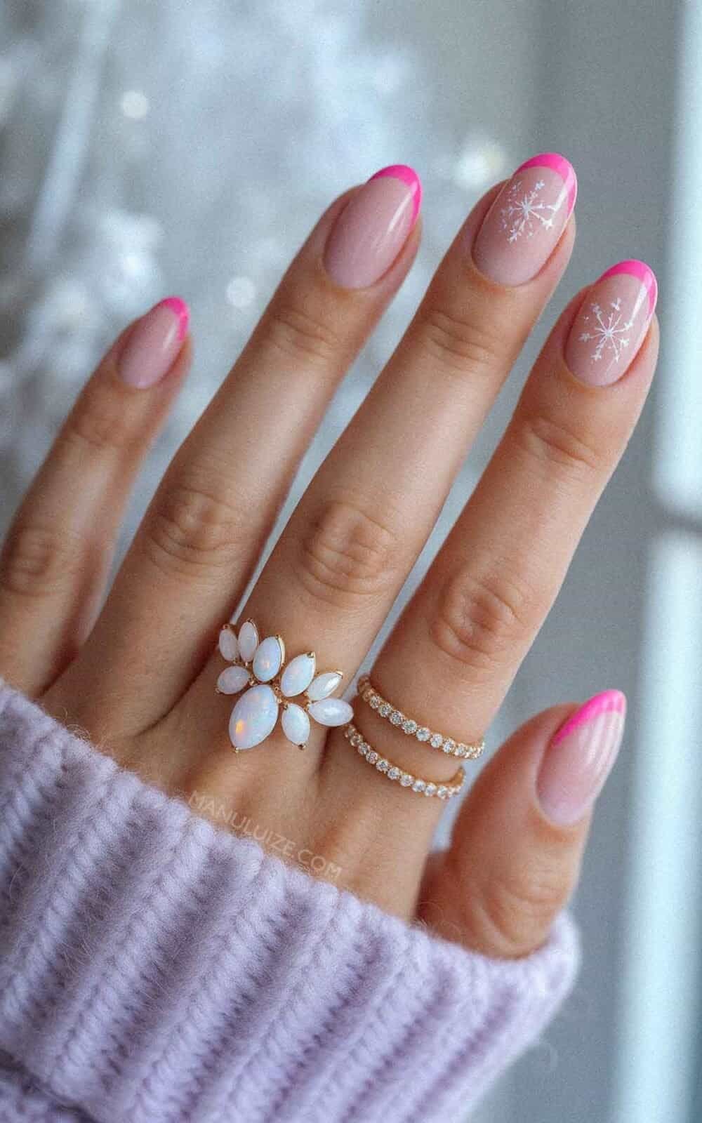 Pink French Tip Snowflake Almond Nails — Winter Round Nails