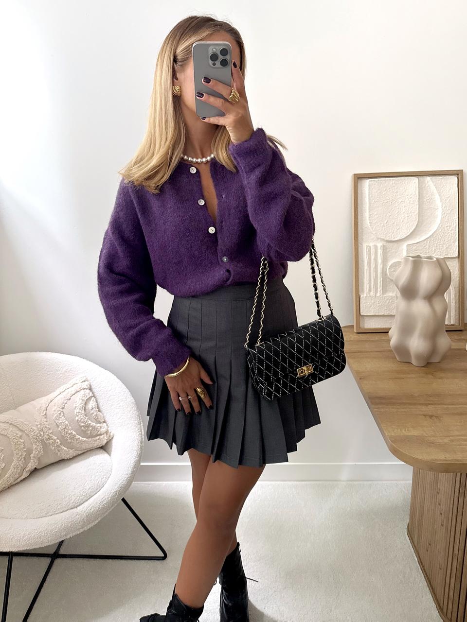 Playful Texture: Purple Cardigan and Pleated Skirt Playful Texture: Purple Cardigan and Pleated Skirt β Fall to Winter Outfits