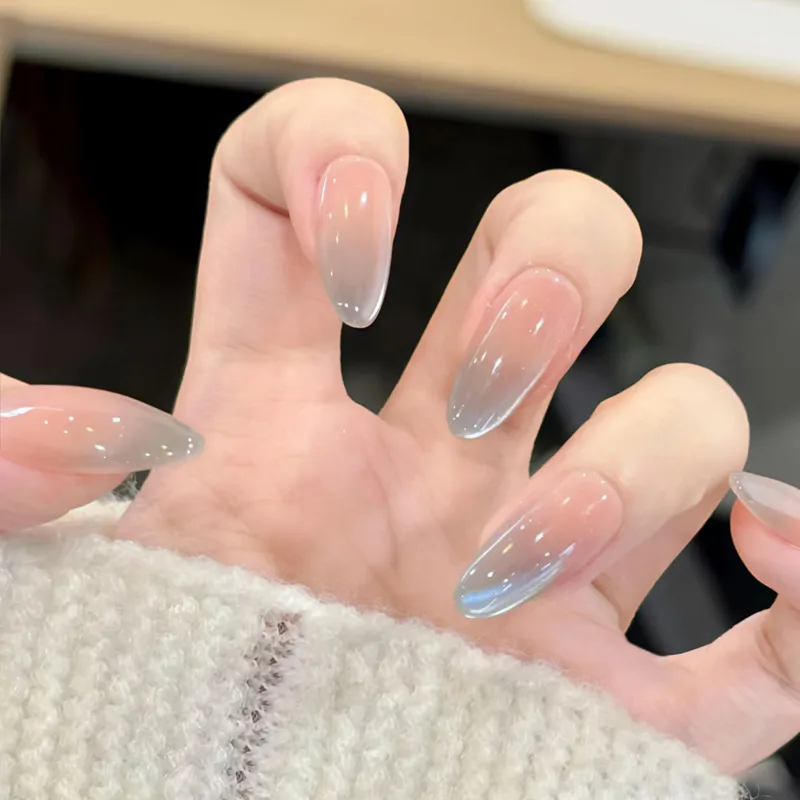Pink to Grey Gradient Glossy Oval Nails Pink to Grey Gradient Glossy Oval Nails β Winter Oval Nails