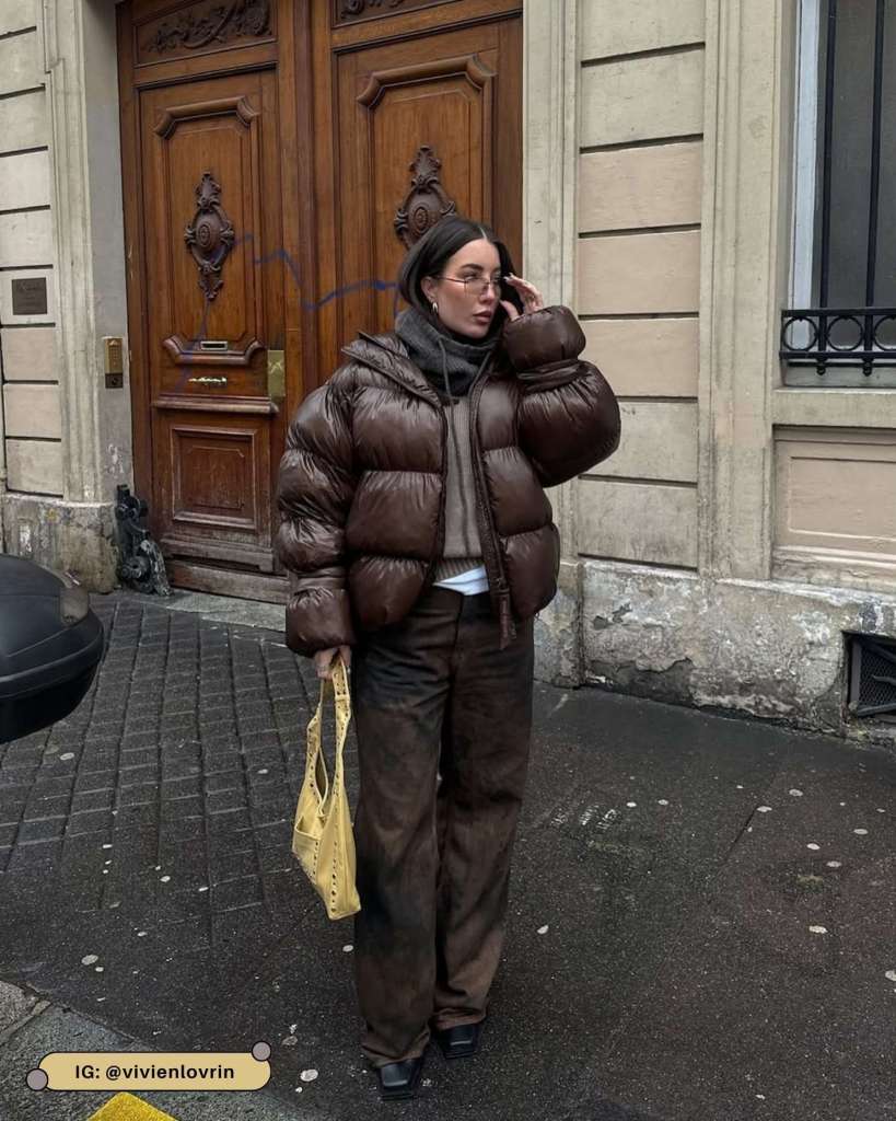Cropped Brown Leather Puffer with Grey Hoodie and Trousers — Winter Puffer Jacket Outfits
