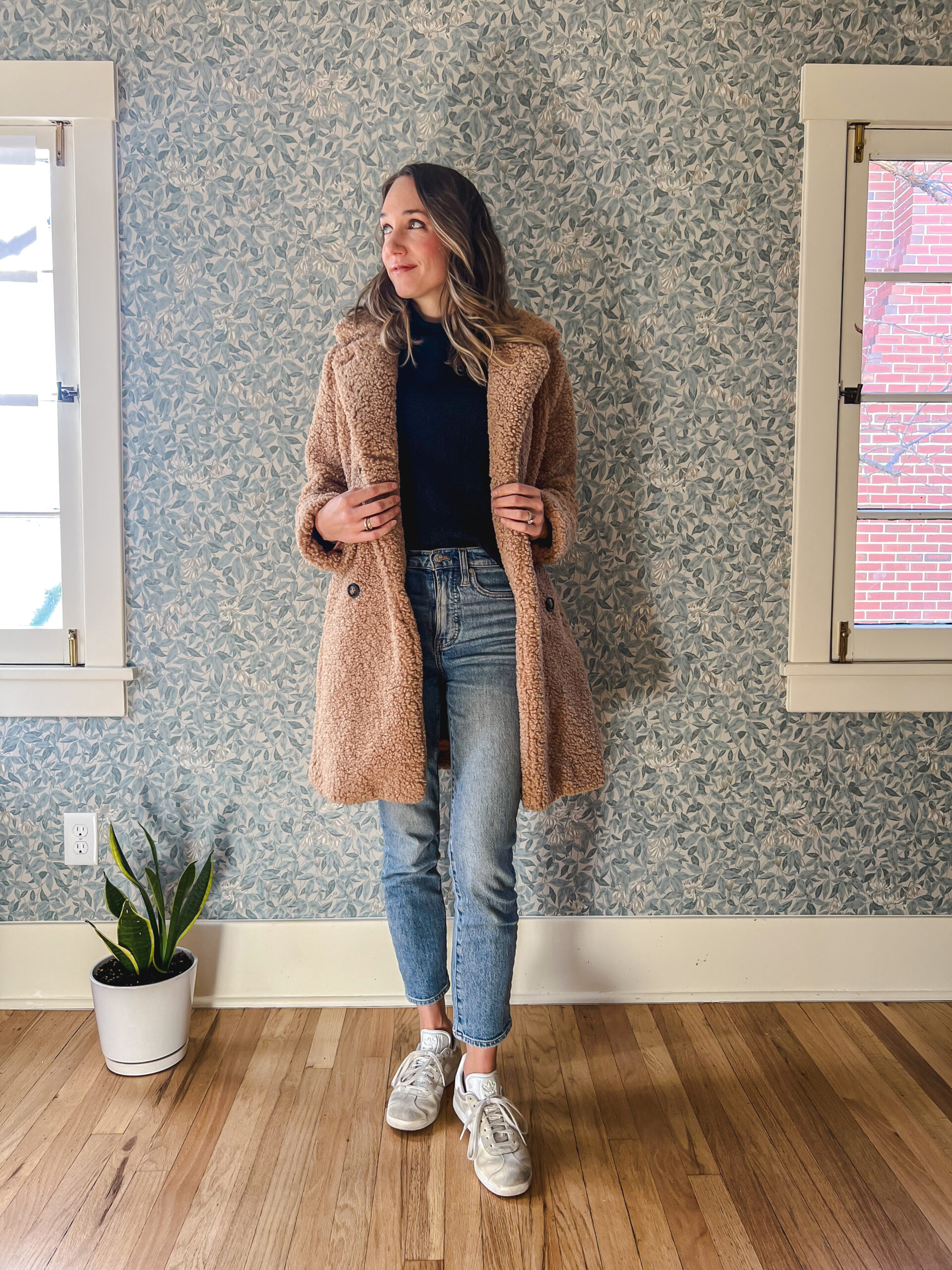 Tan Teddy Coat Over a Black Turtleneck and Blue Jeans Tan Teddy Coat Over a Black Turtleneck and Blue Jeans β Casual Winter Outfits