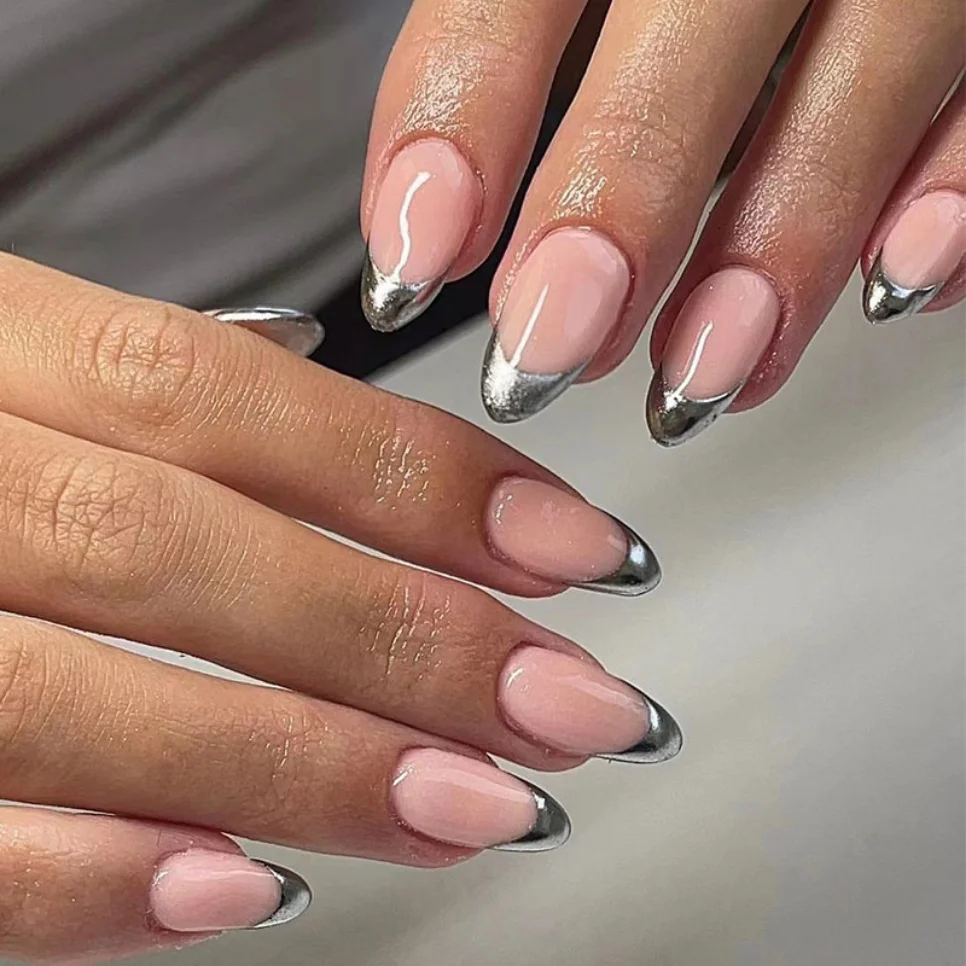 Sheer Pink with Metallic Silver French Oval Nails Sheer Pink with Metallic Silver French Oval Nails β Winter Oval Nails