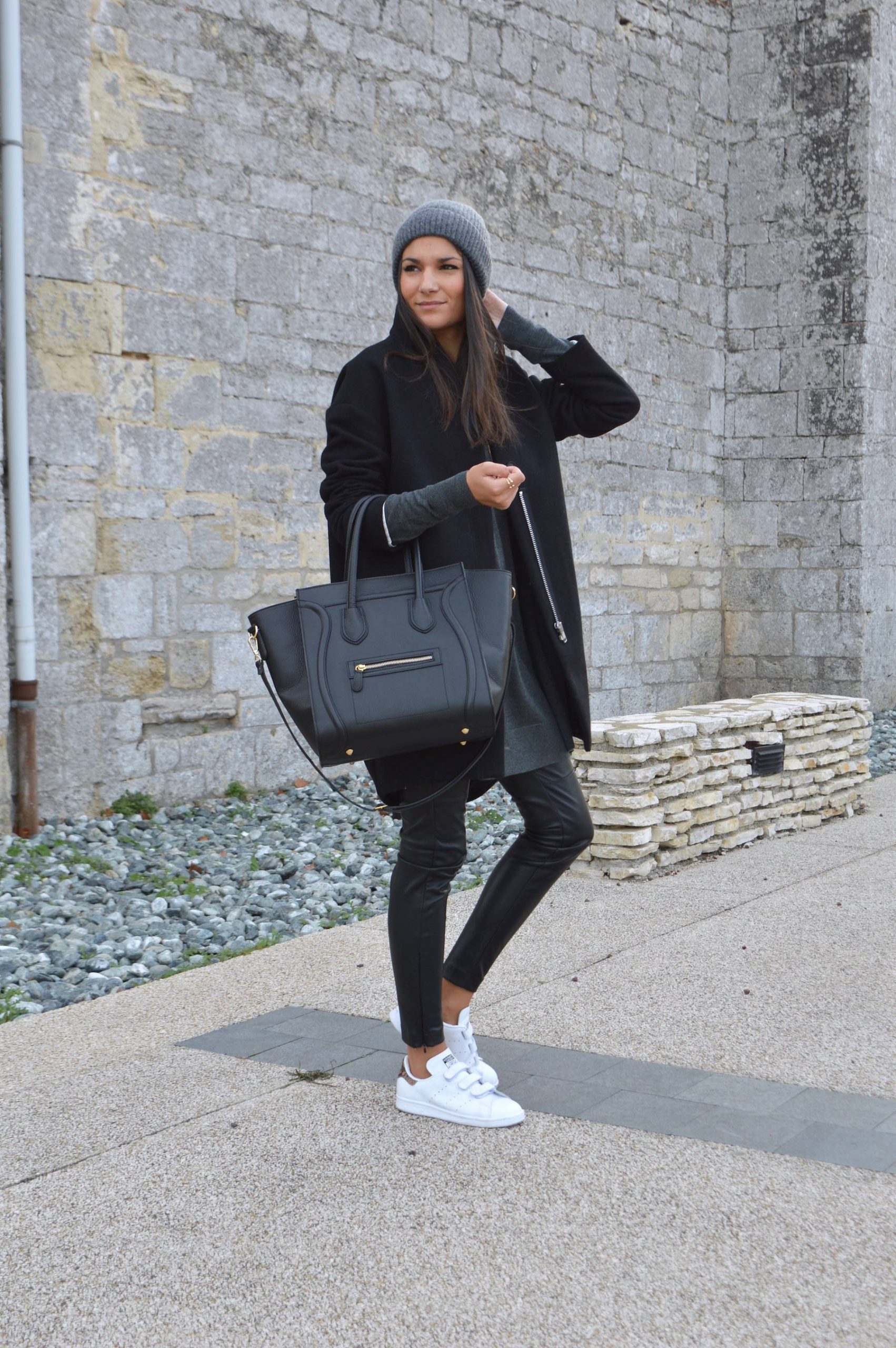 Sleek Black Coat and Leather Trousers for Modern Appeal — Winter Outfits