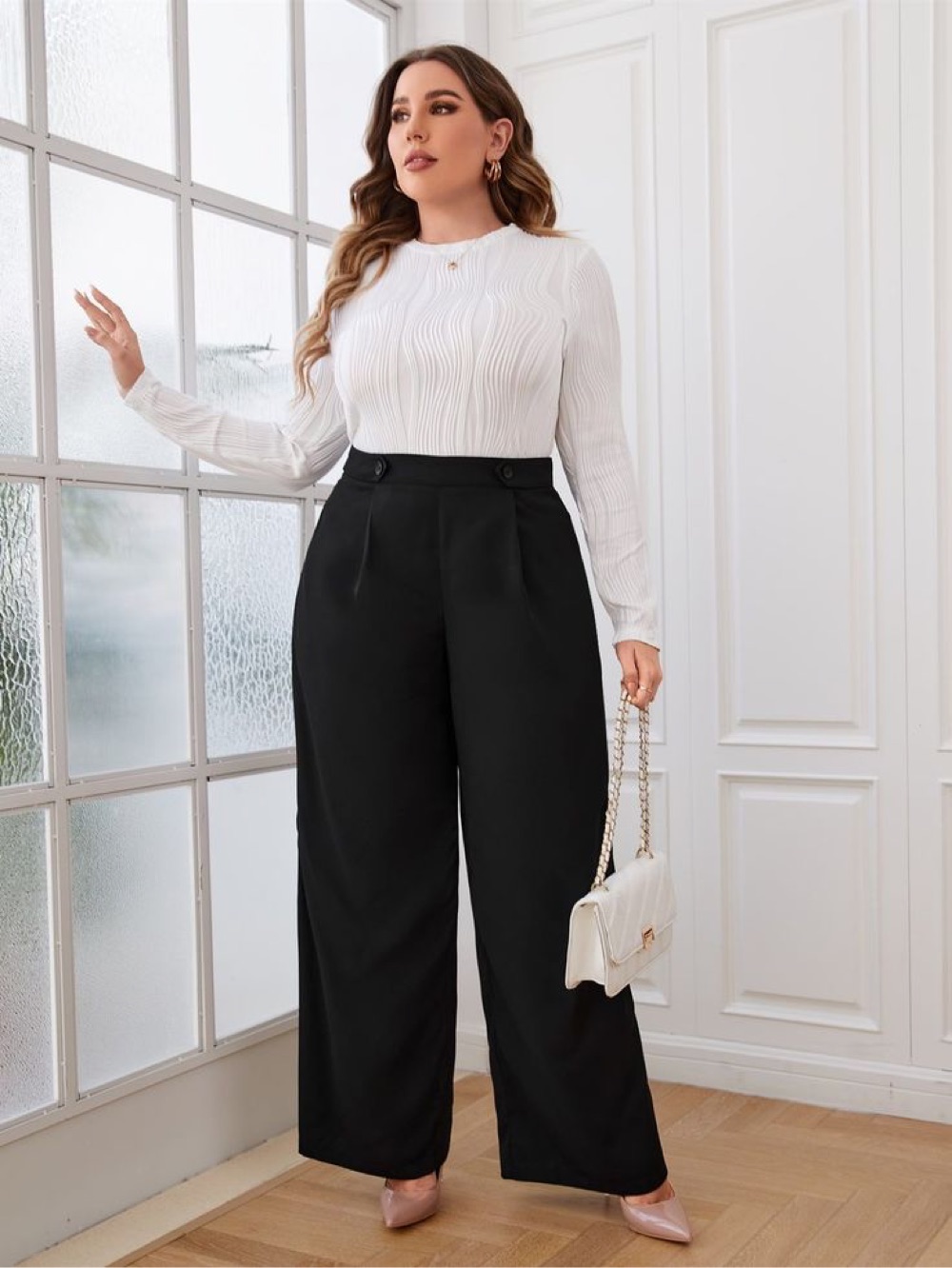 Textured White Top with High-Waisted Black Wide-Leg Trousers — Winter Outfits for Curvy Women