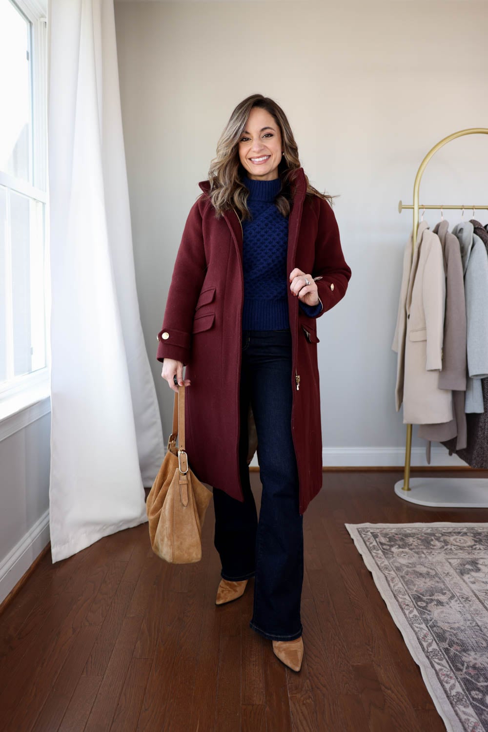 Burgundy Coat Over Navy Turtleneck and Flared Jeans Burgundy Coat Over Navy Turtleneck and Flared Jeans β Comfy Winter Outfits