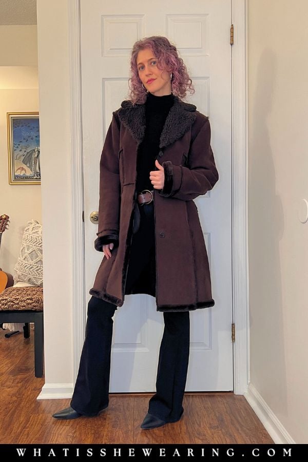 Warm Dark Brown Shearling-Lined Coat and Flared Trousers Warm Dark Brown Shearling-Lined Coat and Flared Trousers β Cold Weather Outfits