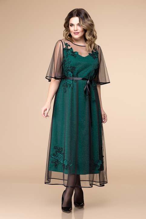 Emerald Green Midi Dress with Sheer Floral Overlay for Formal Occasions — Winter Outfits for Curvy Women
