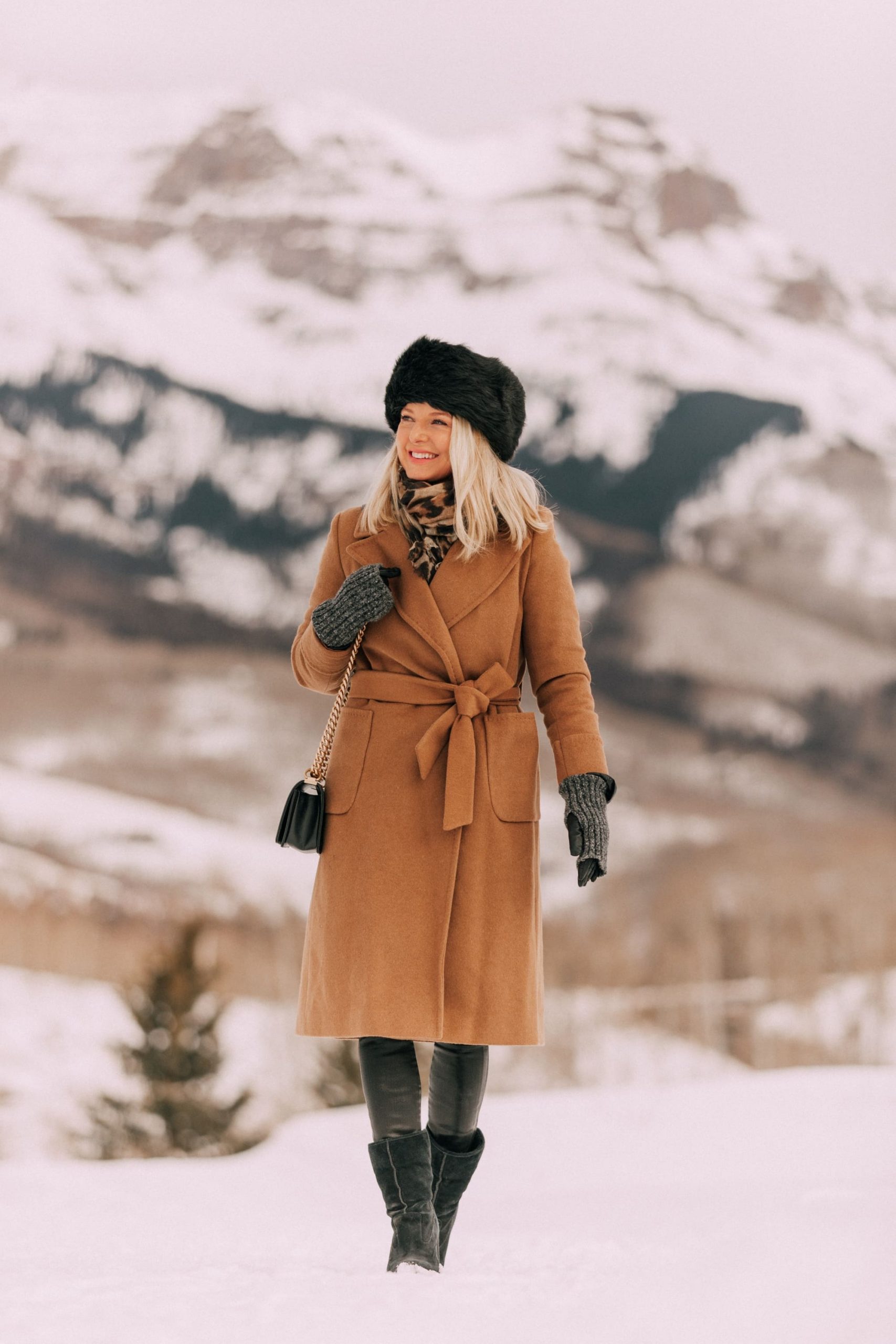Sophisticated Camel Coat with Leopard Scarf and Faux Fur Hat Sophisticated Camel Coat with Leopard Scarf and Faux Fur Hat β Cold Weather Outfits