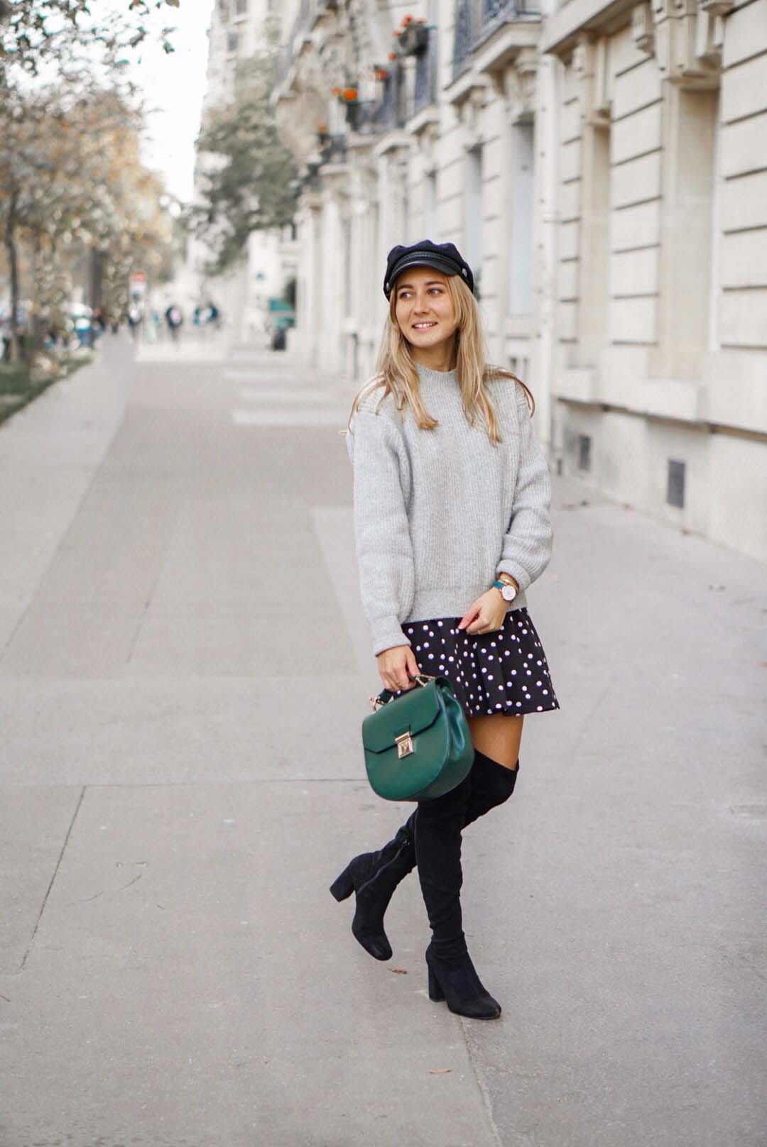 Knit Sweater Over Polka Dot Skirt with Over-the-Knee Boots Knit Sweater Over Polka Dot Skirt with Over-the-Knee Boots β Early Winter Outfits