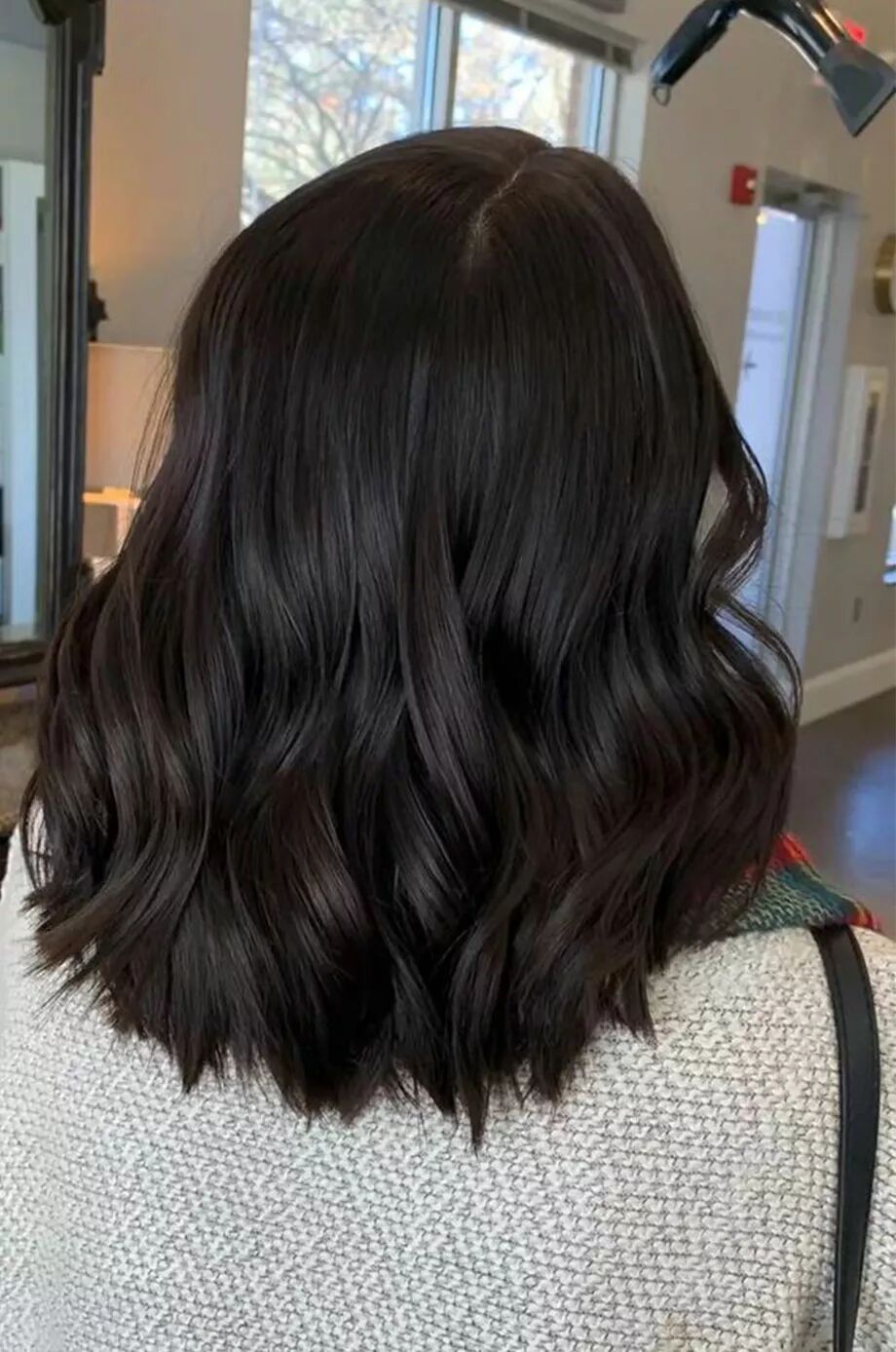 Dark Brown Layered Bob With Waves Dark Brown Layered Bob With Waves β Winter Haircuts for Wavy Hair