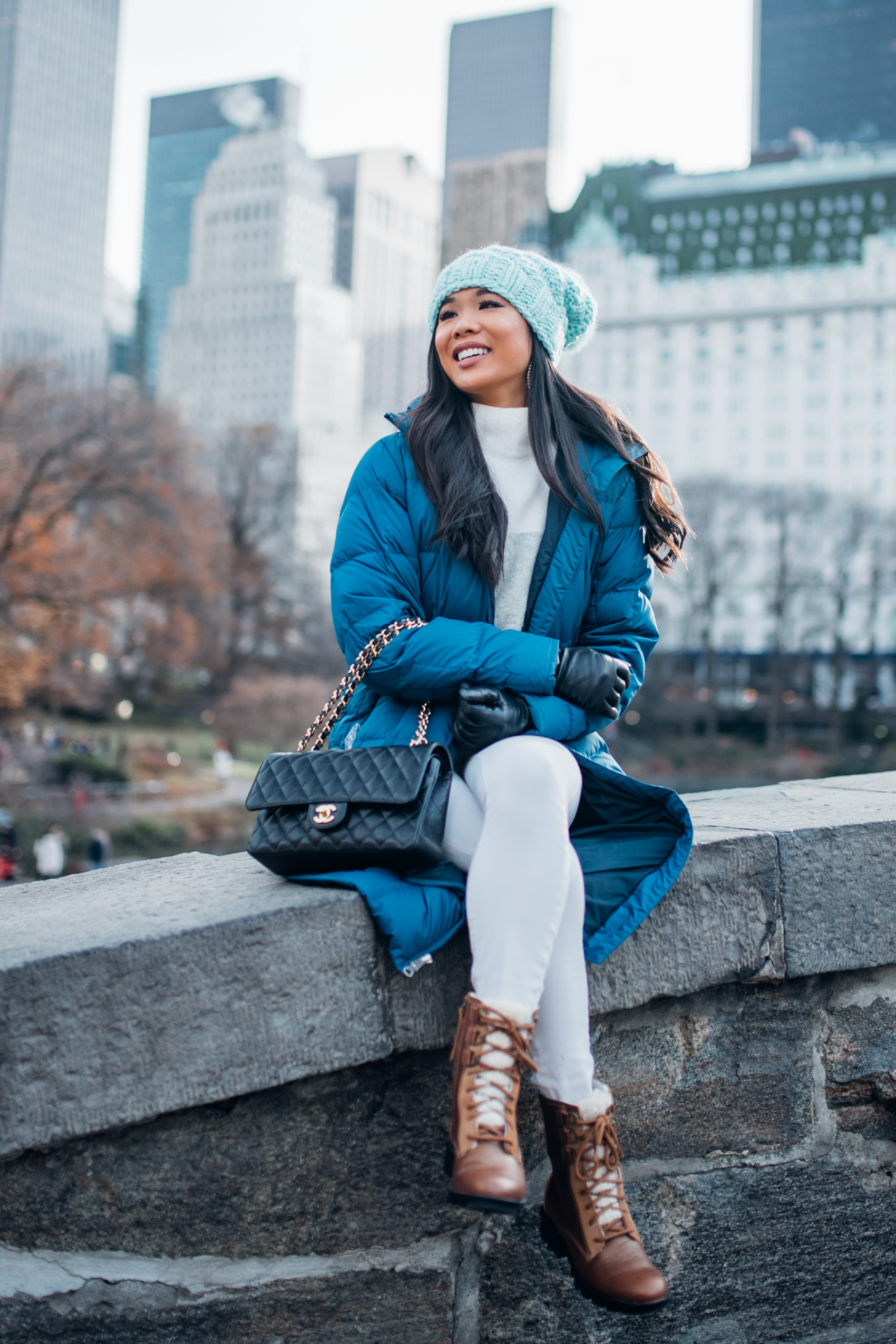 Bright Puffer Coat Over Turtleneck and White Pants Bright Puffer Coat Over Turtleneck and White Pants β Comfy Winter Outfits