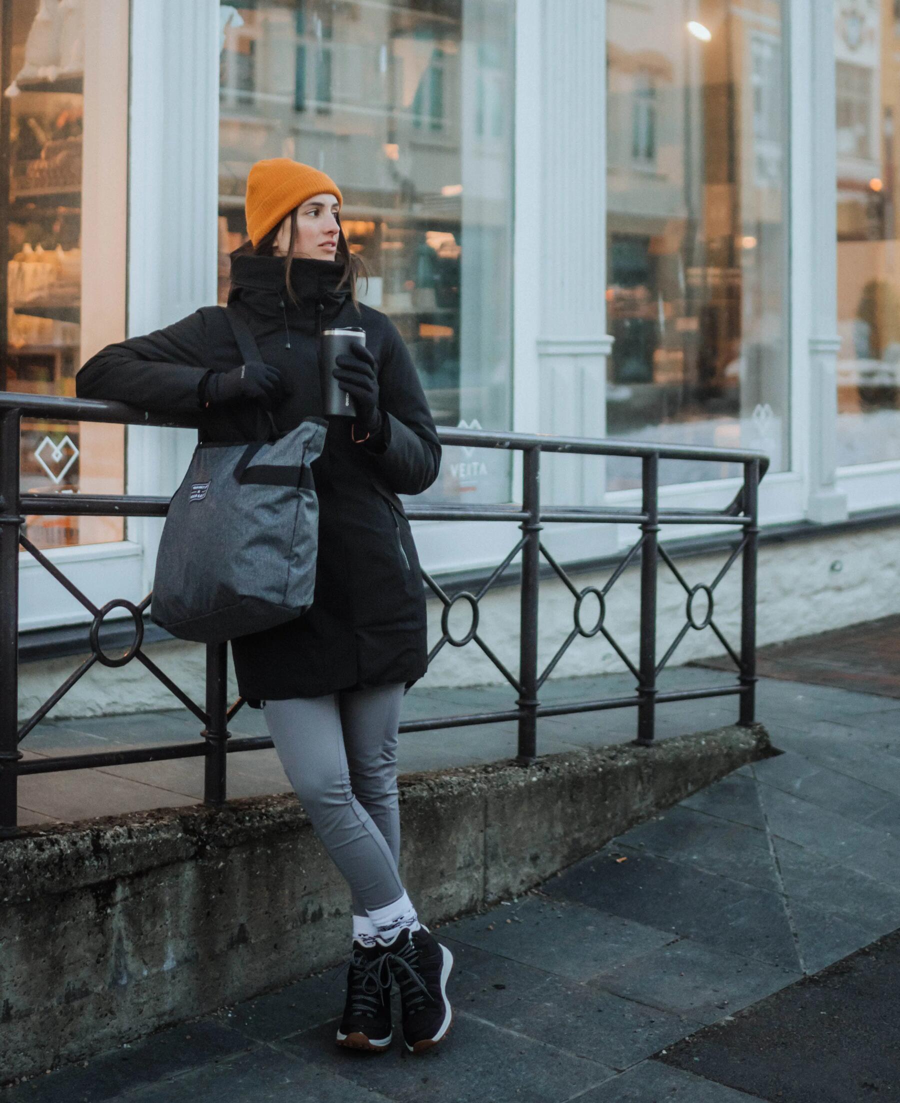 Functional Black Puffer with Bright Orange Hat Functional Black Puffer with Bright Orange Hat β Cold Weather Outfits