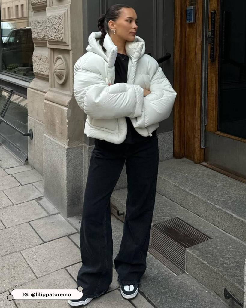 Oversized White Puffer Jacket with Black Denim Oversized White Puffer Jacket with Black Denim β Winter Puffer Jacket Outfits