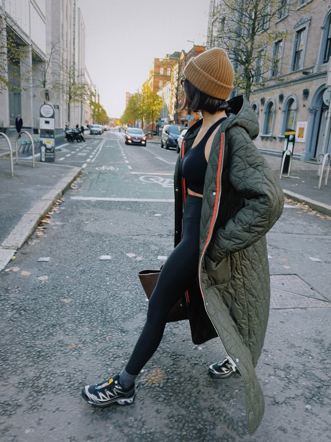 Long Olive Green Quilted Puffer with Athleisure — Winter Puffer Jacket Outfits