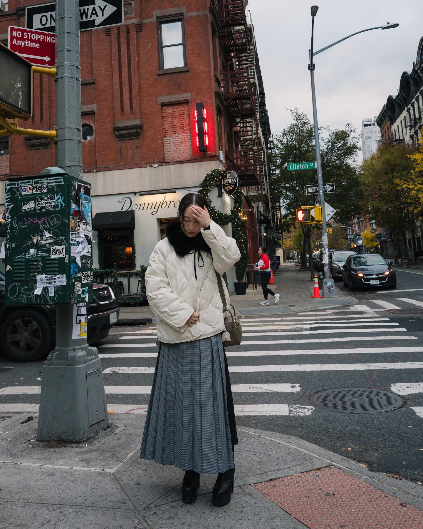 Cream Puffer Jacket with Pleated Skirt and Platform Boots — Winter Puffer Jacket Outfits