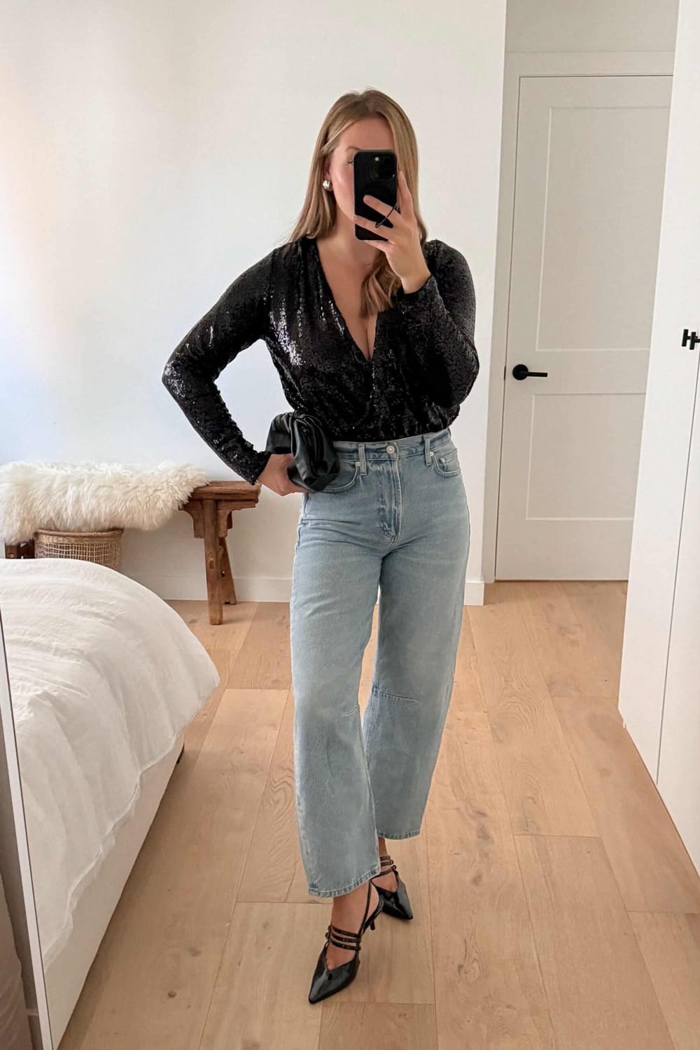 Sequined Bodysuit and Wide-Leg Jeans for Evening Glamour Early Winter Outfits