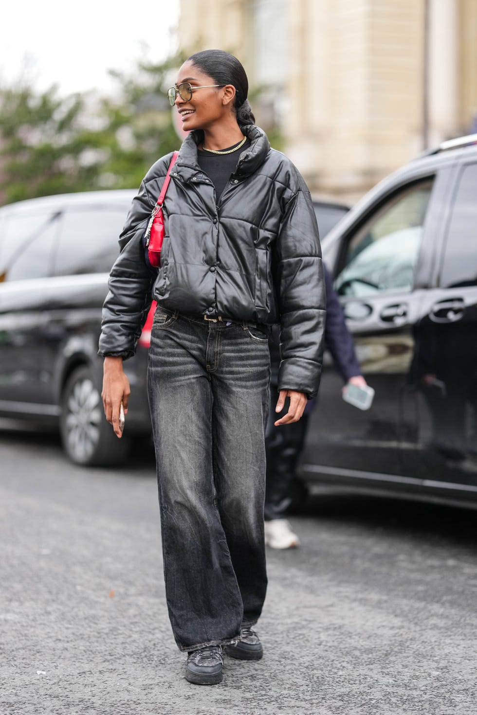 Cropped Black Leather Puffer with Wide-Leg Jeans — Winter Puffer Jacket Outfits