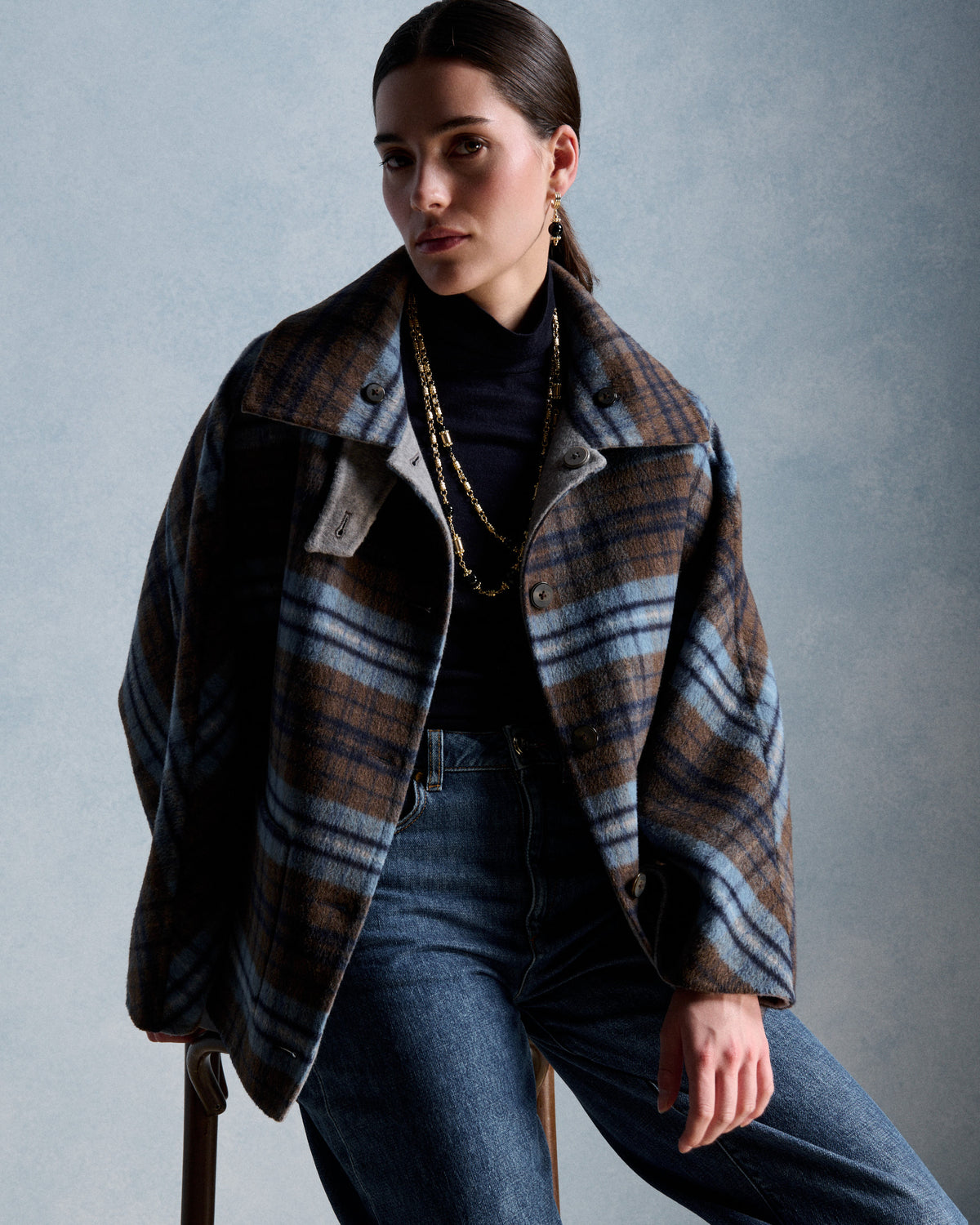 Navy Turtleneck with Plaid Jacket and Blue Jeans Navy Turtleneck with Plaid Jacket and Blue Jeans β Casual Winter Outfits