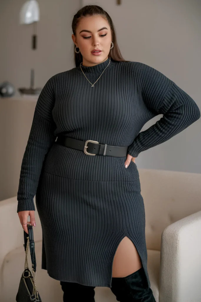 Charcoal Ribbed Knit Dress for Sleek Office Style Charcoal Ribbed Knit Dress for Sleek Office Style β Winter Work Outfits