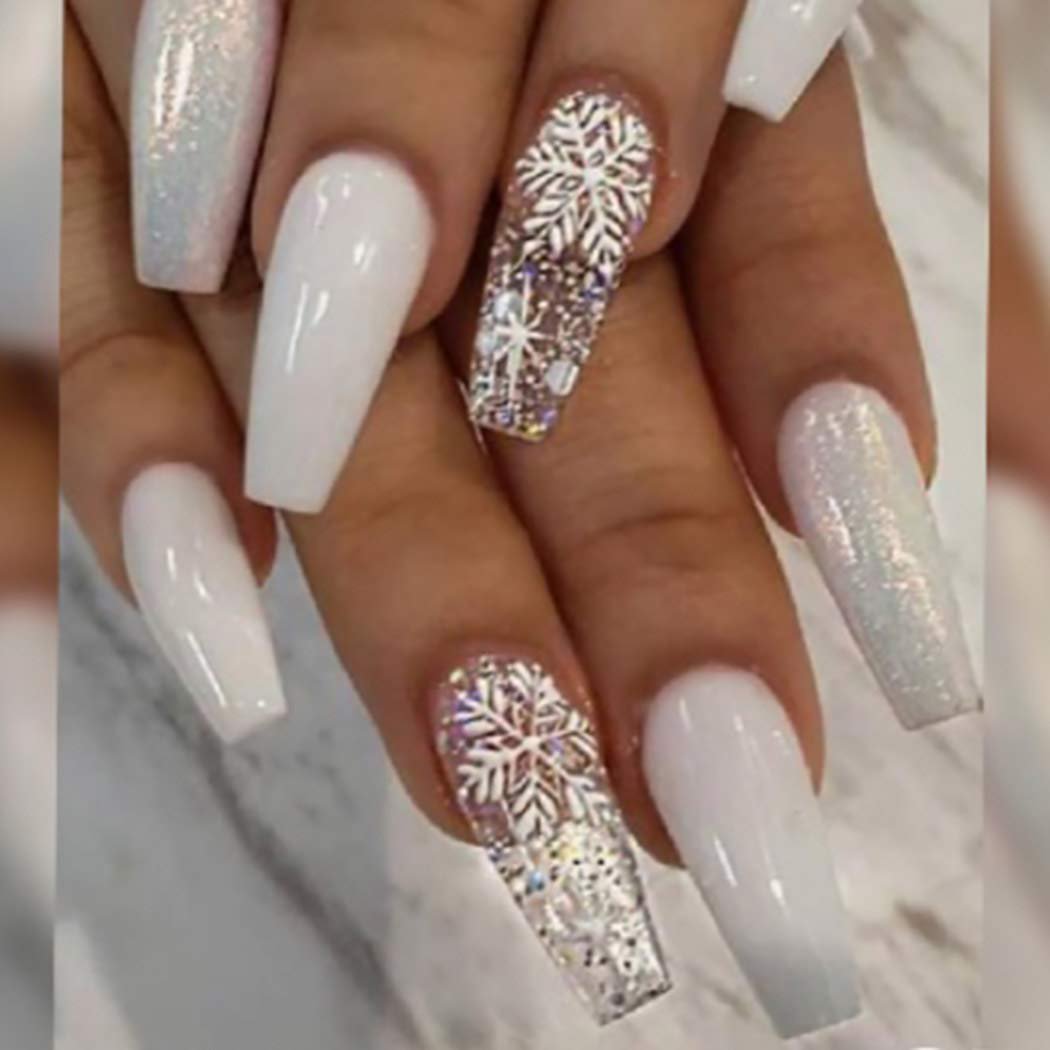 Festive White Coffin Nails with Snowflakes Festive White Coffin Nails with Snowflakes β Winter Coffin Nails