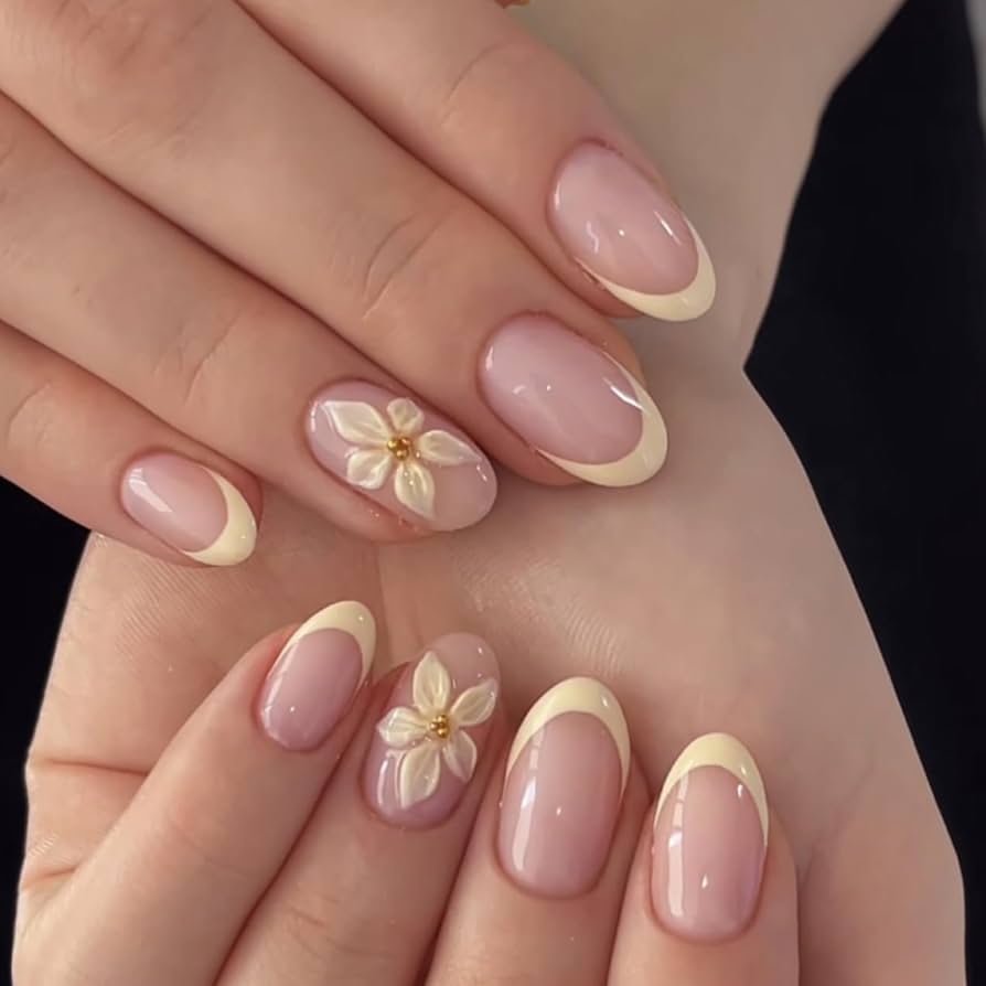 Sheer Pink Yellow French Tips 3D Flowers Sheer Pink Yellow French Tips 3D Flowers β Winter Oval Nails