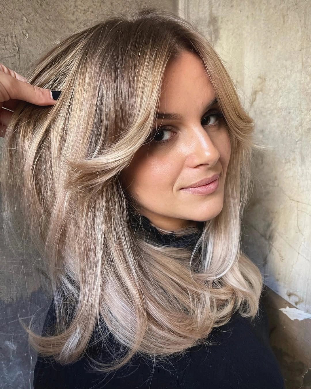 blond balayage dye Ash Beige Balayage With Curtain Layers