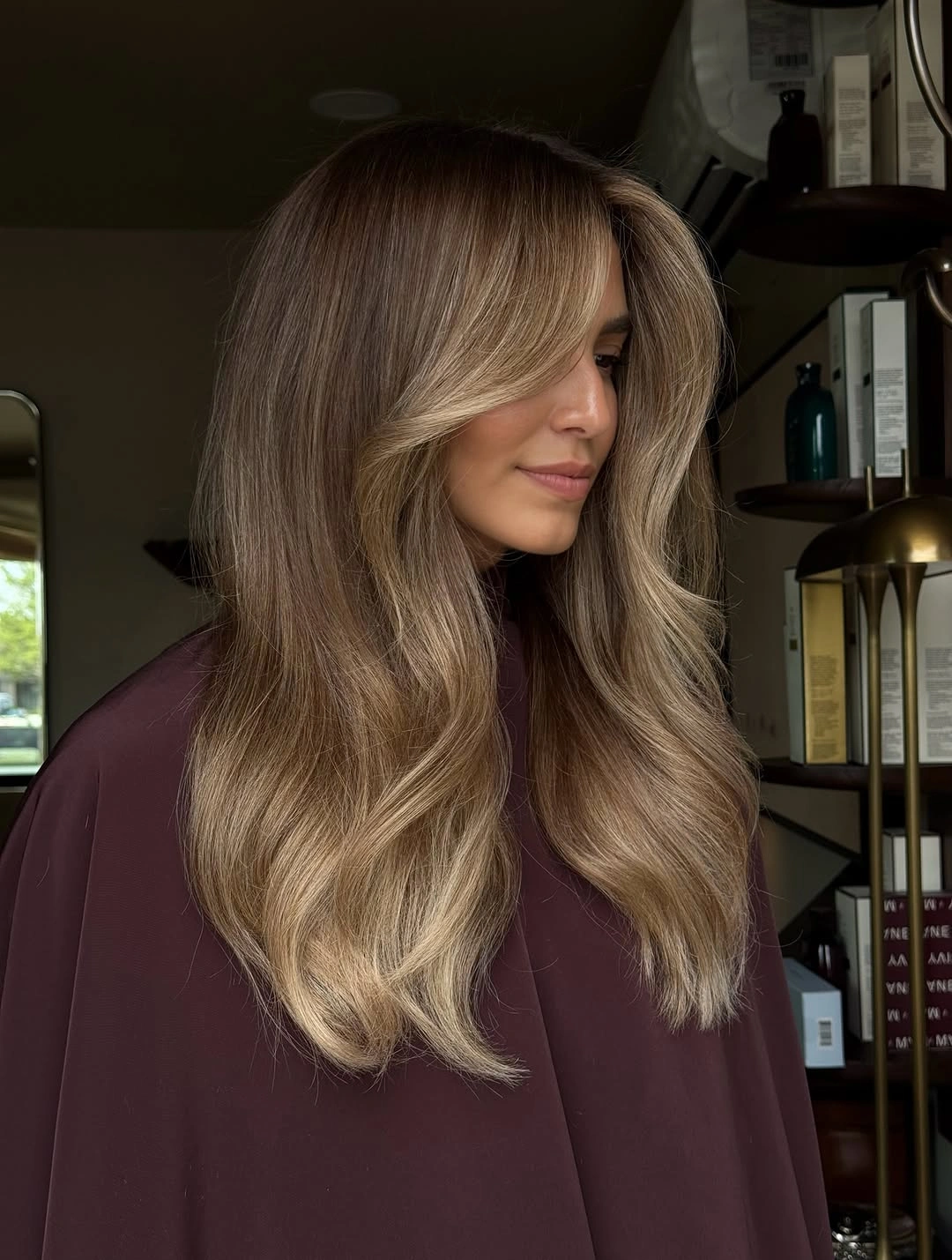 bronde balayage dye Silky Beige Bronde With Curtain Layers