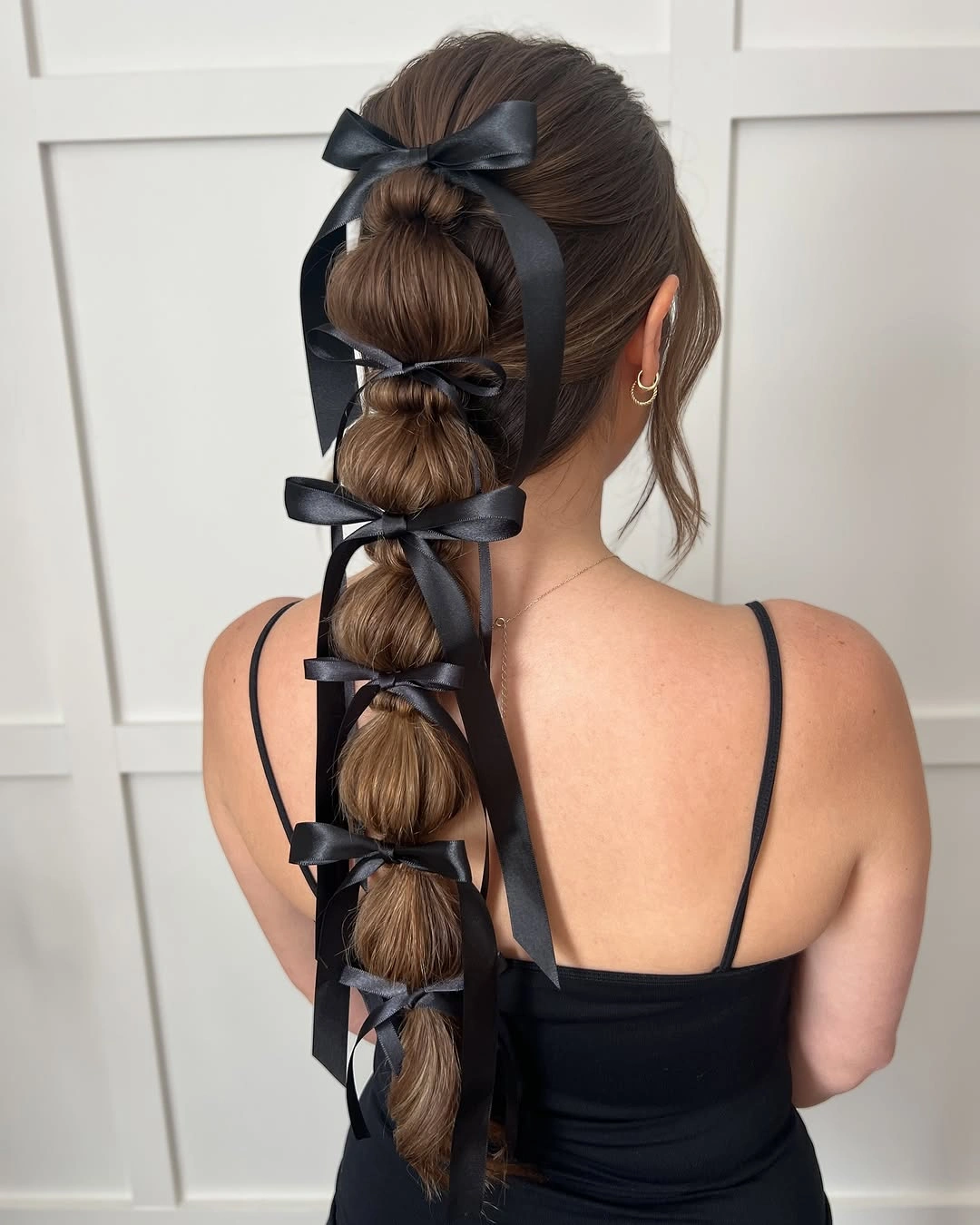 bubble braid hairstyle Black Ribbon Bubble Braid With Romantic Polish