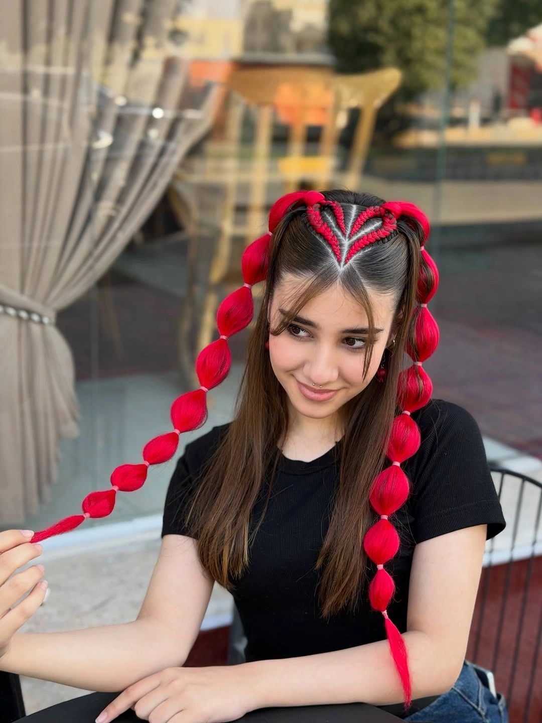 bubble braid hairstyle Bright Red Bubble Braids With a Heart Detail