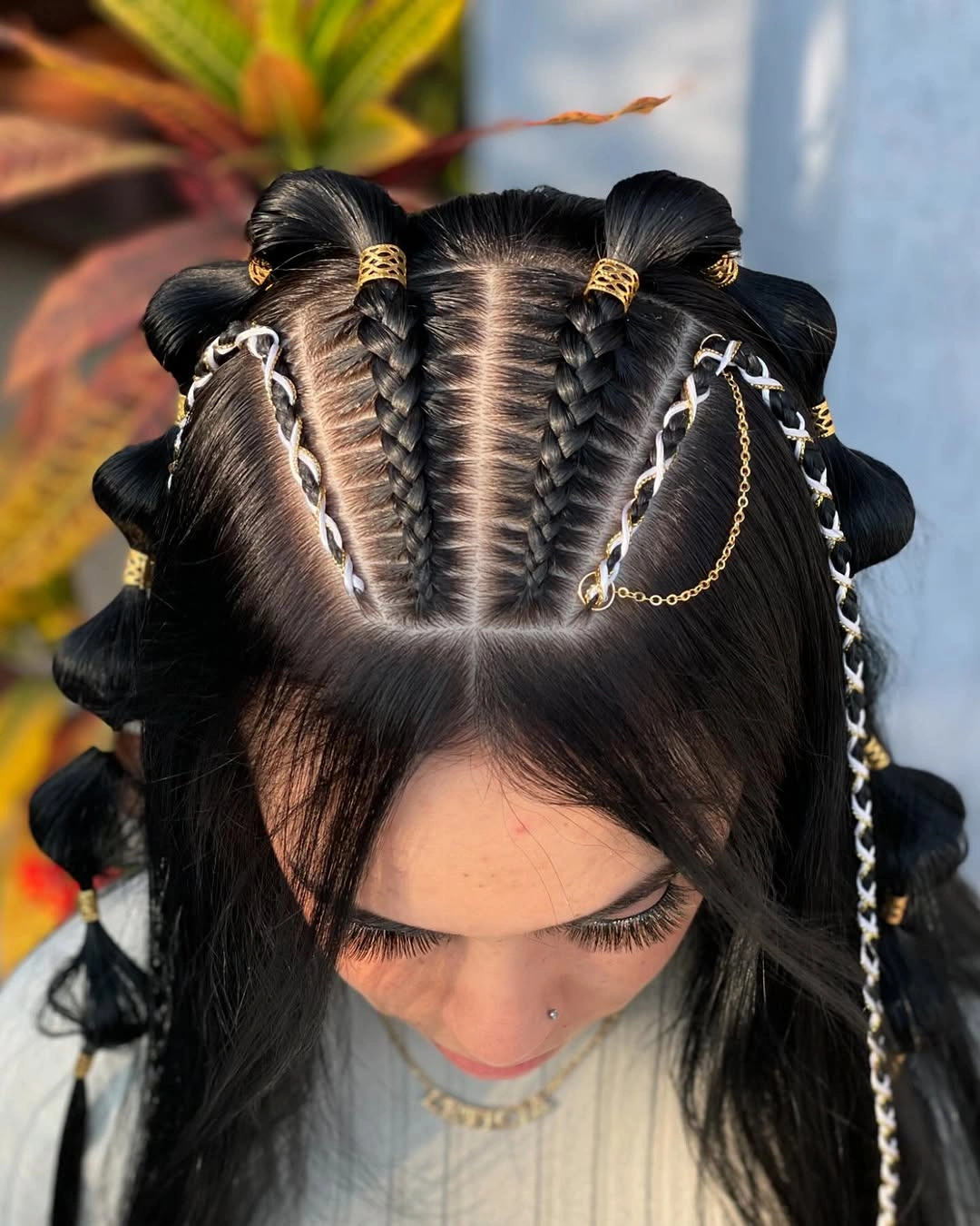 bubble braid hairstyle Black Bubble Pigtails With Gold and Chain Accents