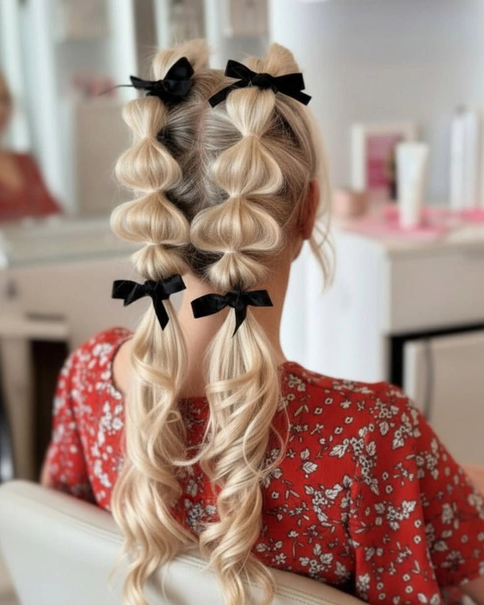 bubble braid hairstyle Blonde Bubble Pigtails With Black Bows