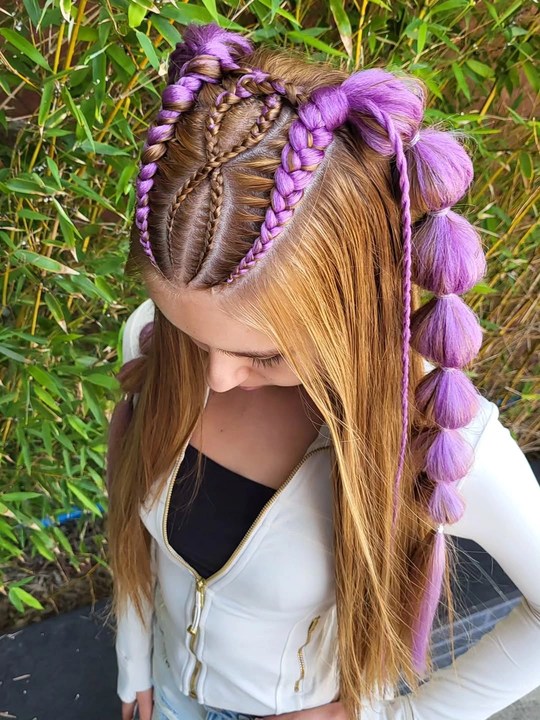 bubble braid hairstyle Lavender Bubble Braid With Braided Details