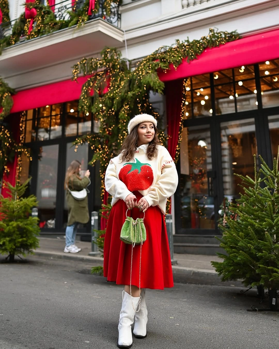 chic christmas outfits 2026 Festive Sweater And Red Midi Skirt For A Cozy City Day