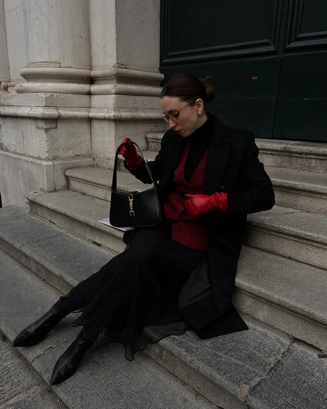 chic christmas outfits 2026 Black And Burgundy Layers With A Polished Edge