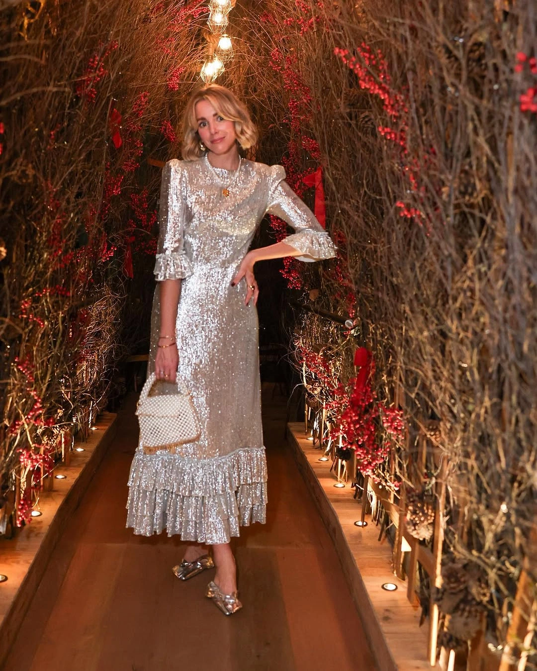 chic christmas outfits 2026 Silver Sequins for an Evening That Deserves Some Shine