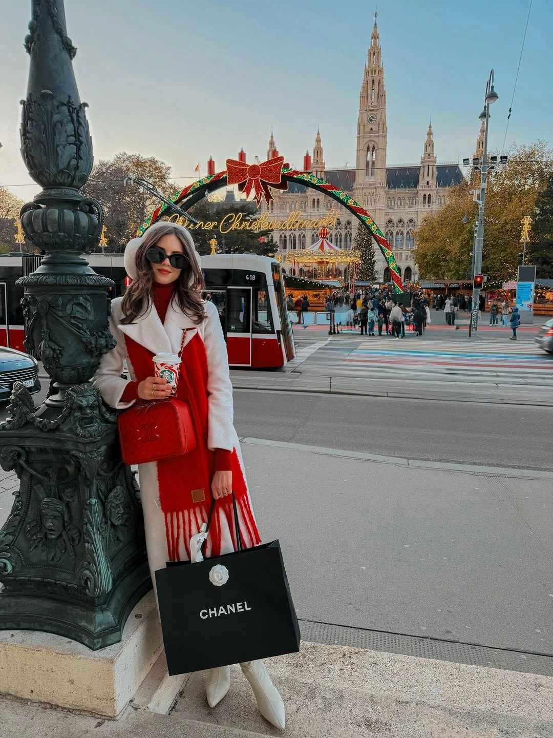 chic christmas outfits 2026 Red And White Holiday Layers For A Christmas City Day